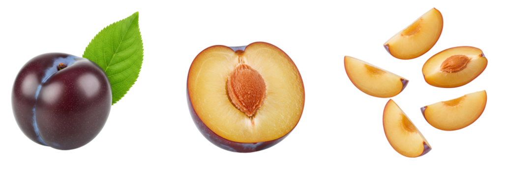 Plum fruit set PNG. Whole plum with a leaf isolated. Ripe plum cut in half isolated. Plum fruit slices top view isolated. Organic, vegan and vegetarian plums png