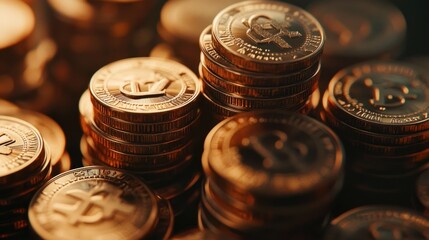 Stacks of golden cryptocurrency coins reflecting light, highlighting the potential wealth and