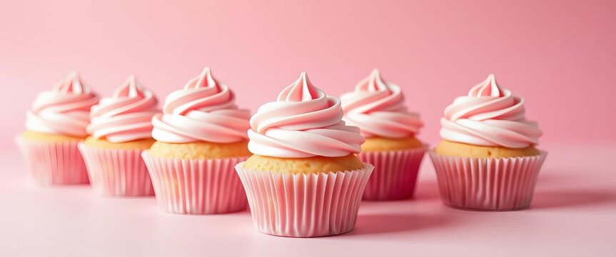 A row of pastel pink cupcakes on a matching pink background , delicious, uniform