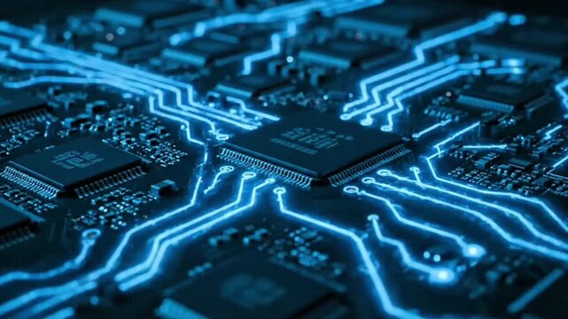 Animated Cinematic Glowing Circuit Board with Neon Blue Energy in 4K