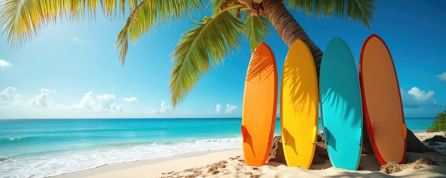 Vibrant surfboards stand near palm tree on tropical beach. Gentle ocean waves meet sandy shore under clear blue sky. Colorful surfboards, summer vacation vibes, coastal relaxation scene. - Powered by Adobe