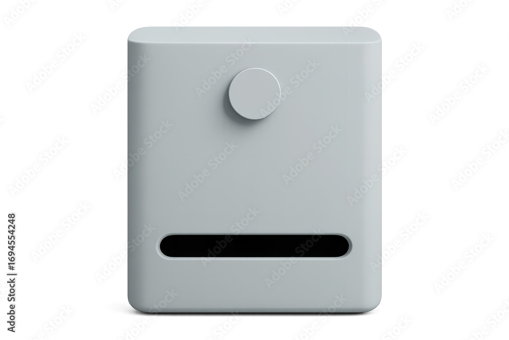 Poster minimalist grey smart device with circular button and slot, isolated on transparent background