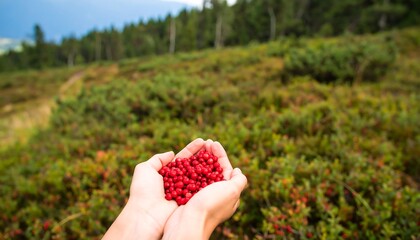 Hands holding a handful of red berries against a backdrop of forest