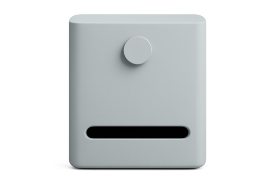 Minimalist grey smart device with circular button and slot, isolated on transparent background