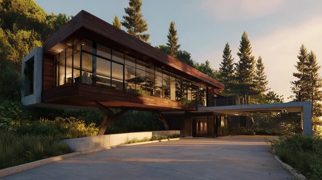 Modern luxury house with large glass windows and wooden facade nestled on a green hillside with tall pine trees and warm sunset lighting