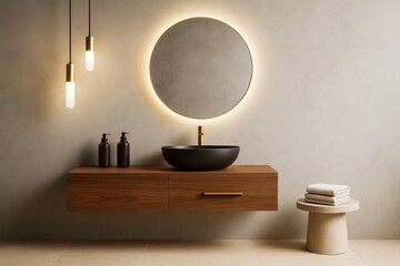 Modern minimalist bathroom interior with round backlit mirror and wooden floating vanity in contemporary neutral tone decor.