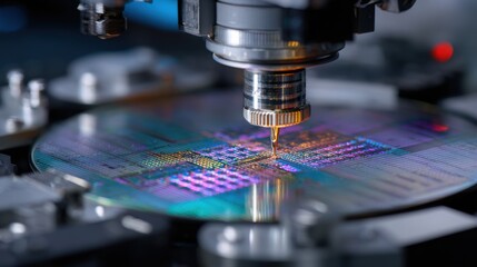 Elegant photo of silicon wafer being processed by precision machine, showing intricate microchip design and advanced manufacturing. Cutting-edge technology in action.