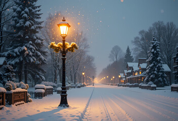 Peaceful winter night scene with festive christmas street lamp glowing on snow covered town road. magical light in cold evening