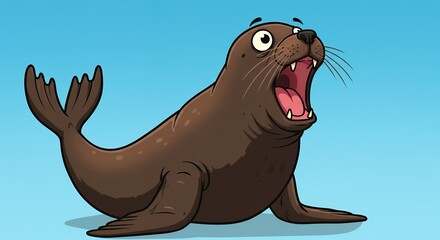 Fototapeta premium Cartoon sea lion illustration on blue background for wildlife and marine animal concepts