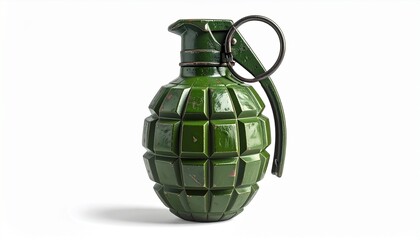 Green pineapple-style hand grenade with textured segmented surface, safety lever, and pull ring, isolated on a white background.