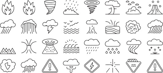 vector Disaster & Weather Hazard Line Icons – 40 Thin Outline Natural Calamity Symbols