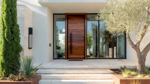 Front view of a modern luxury home with a grand wooden door, stone steps, and a beautiful olive tree, complemented by minimalist landscaping and architectural lighting