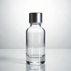 Clear glass vial with metal cap, 50ml capacity, for laboratory, medical, cosmetic use. Sterile, sealed container designed for sample storage liquid transport. Isolated object on clean white