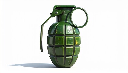 Green pineapple-style hand grenade with textured segmented surface, safety lever, and pull ring, isolated on a white background.
