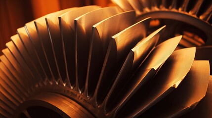 Metallic textures and geometric shapes in warm glow, showcasing industrial precision and dynamic energy.