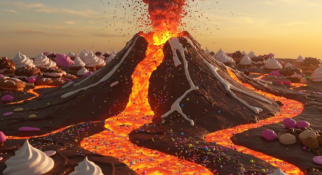 Delicious chocolate volcano erupting with candy lava and cupcake landscape at sunset for sweet tooth cravings
