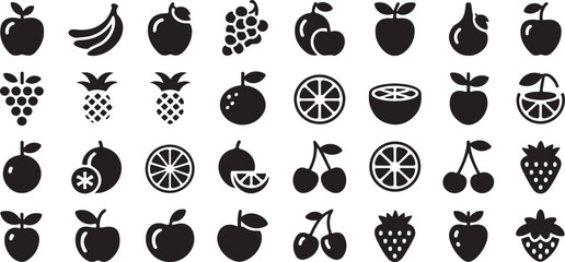 Vector Graphics Fresh Fruits & Organic Berries Solid Icon Collection – 40 Black