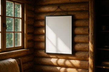 Blank white frame hanging on wooden log wall in cozy cabin interior with sunlight streaming through window, rustic nature-inspired concept light. Ai generative