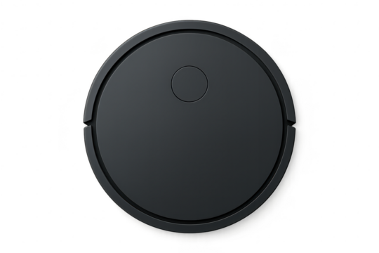 Modern black robot vacuum cleaner isolated on a transparent background, top view.