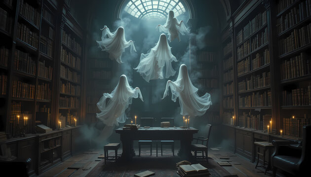 Eerie ghosts and scary spirits floating in dark, haunted library at night. This frightening paranormal scene evokes sense of supernatural dread