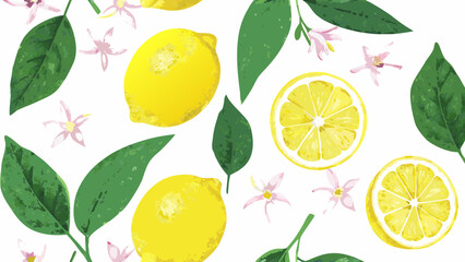 Vibrant yellow lemons with green leaves and delicate pink blossoms on a white background