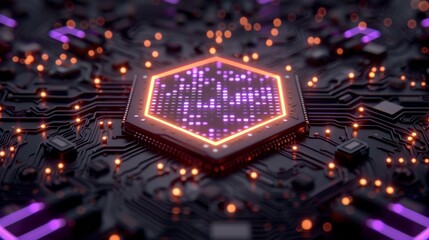 Detailed view of a radiant purple microchip mounted on an electronic circuit board