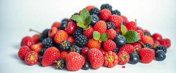 Obraz premium A overflowing mound of vibrant, ripe berries on pristine white, vitamin, graphic