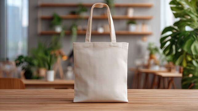 Elegant photo of stylish beige canvas tote bag mockup template on wooden table in art studio. Eco friendly totebag made of natural cotton. Reusable shopper ecobag mock up.