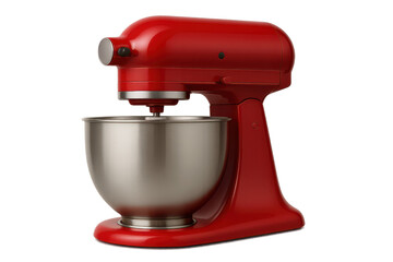 Red stand mixer with stainless steel bowl isolated on transparent backdrop