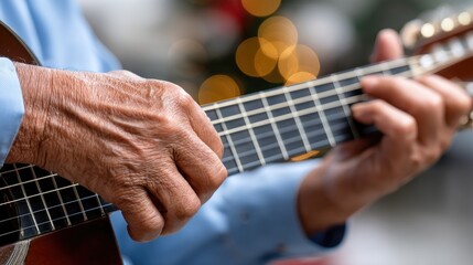 Musician playing acoustic guitar in a cozy setting with soft bokeh lights during a festive gathering