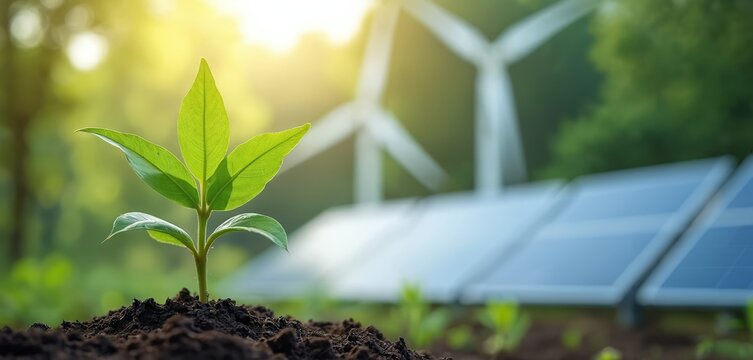 Green sprout grows in soil with solar panels and wind turbines in background. Concept of eco-friendly finance, renewable energy development and investment success. Clean energy generation.