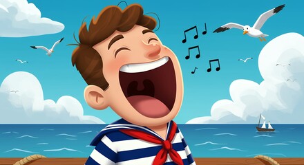 Cheerful illustration of a boy singing by the sea with seagulls