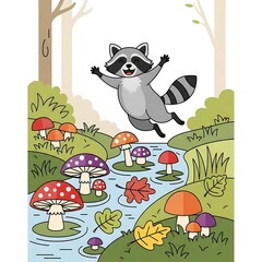 Jumping Raccoon Autumn Stream.