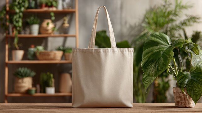 Elegant photo of stylish beige canvas tote bag mockup template on wooden table in art studio. Eco friendly totebag made of natural cotton. Reusable shopper ecobag mock up.