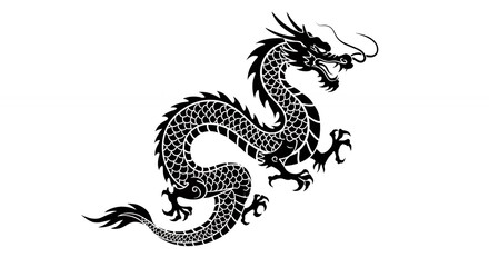 Detailed black dragon illustration on white background suitable for design projects