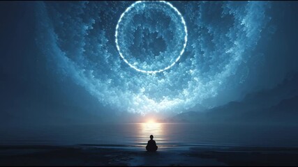 Meditative Solitude Under a Celestial Gateway: A solitary figure, silhouetted against a dramatic expanse of sky and sea, gazes upward towards a luminous, ethereal gateway.
