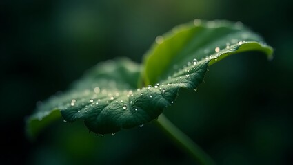 Naklejka premium Macro shot of dew on green foliage with moody dark background