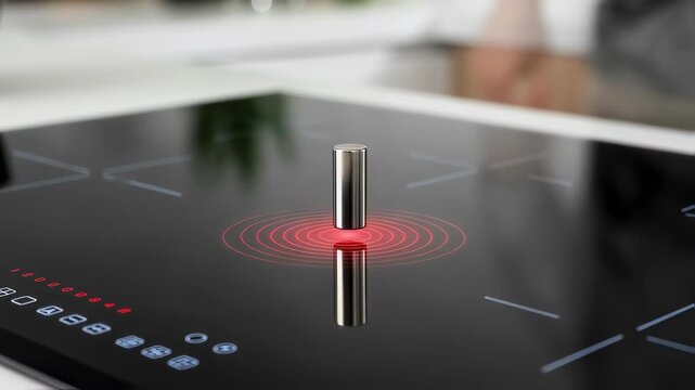 Demonstration of magnet detection on induction cooktop surface captured in medium shot to showcase the cooktops electromagnetic induction efficiency.