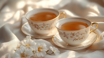 Fototapeta premium Elegant teacups filled with golden tea, resting on a draped fabric with delicate flowers