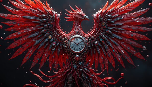 A majestic phoenix, its fiery red feathers interwoven with intricate mechanical clockwork, embodies a powerful and time-bound spirit.