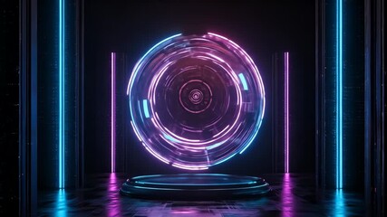 Neon-lit Luminous Panels installation with pink and blue hues in a dark room with reflective floor.