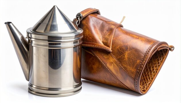 Stainless steel bee smoker with conical top, spout, and leather bellows, designed for calming bees during hive inspection and honey harvesting