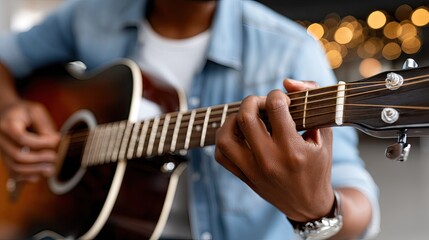 Fototapeta premium Musician performs acoustic guitar in a cozy indoor setting during a relaxed evening gathering with warm ambient lights
