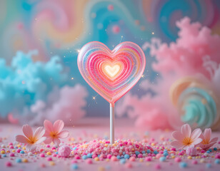 Sweet romantic heart lollipop candy on dreamy pastel background. Colorful pink and blue sprinkle and flower create happy and lovely mood