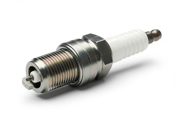 Close-up of a metallic automotive spark plug, showcasing its intricate design and components against a plain white background.