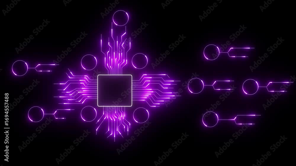 Poster futuristic circuit board processor with glowing data lines and circular nodes. futuristic circuit bo
