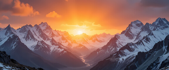 Majestic sunset over serene, snow covered mountain landscape. beautiful orange sun and sky above peaceful valley create tranquil view