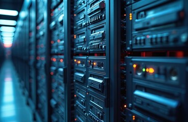Rows of data storage magnetic tape drives in dark server room. Rows of racks filled with equipment. Blinking orange lights indicate active systems. Data center infrastructure for backup and archiving.