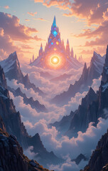 Majestic fantasy castle glowing on mountain peak at sunrise. This epic fairytale landscape evokes sense of awe and wonder above clouds