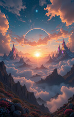 Majestic fantasy landscape featuring serene sunrise over magical mountain peak and cloud. glowing ring in sky creates dreamy, epic vista